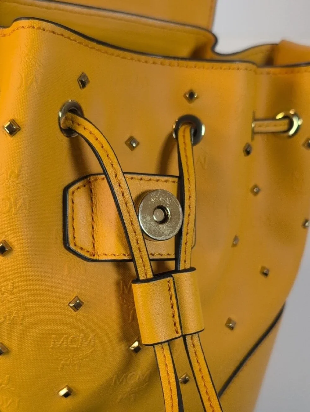 MCM Claudia Yellow Monogram Studded Backpack - Picture 9 of 13